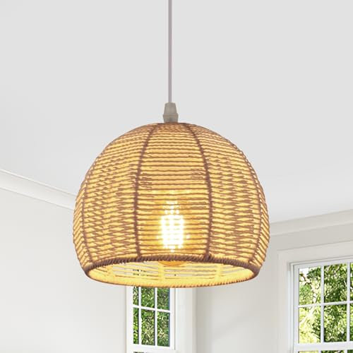 Comely Lampadario a Sospensione Vintage, Retrò Lampadario in Rattan E27, Lampada da Soffitto Rustico Intrecciato per Soggiorno Cucina Camera da Letto Bar Caffè, Bianca