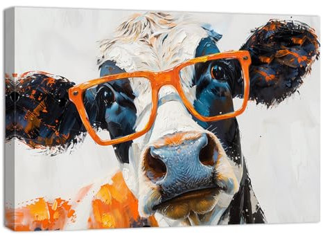 ZQQART Leinwandbild mit Rindern bunte Kuh mit Brille Bilddrucke lustige Bauernhoftiere Gemälde Kinderzimmer Schlafzimmer Wanddekoration Rahmen(70x105cm)