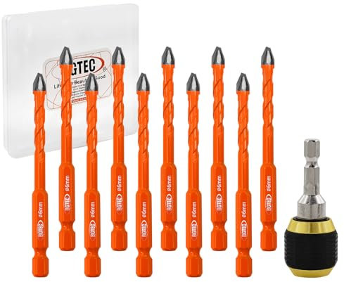 BGTEC Jeu de mèches excentriques Forets à tête inclinée de haute dureté 10 pièces 6MM Mèche à pointe carbure mèche avec 1 adaptateur de mandrin pour bois, maçonnerie, carreaux