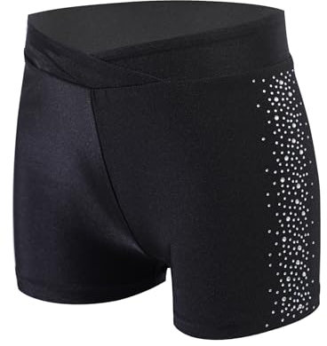 ranrann Enfant Fille Short de Patinage Artistique Gymnastique Danse Short Strass Brillant Sport Fitness Gym Ballet 5-16 Ans A Noir 9-10 Ans