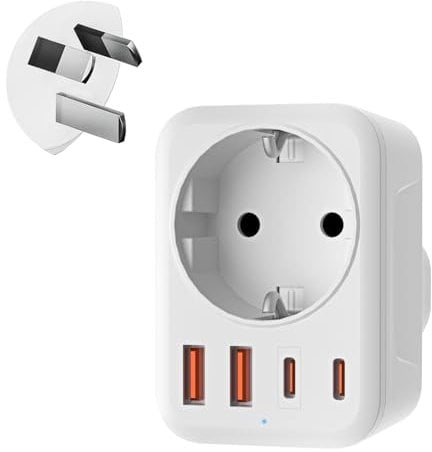 Denlane Adaptateur Australie 5 en 1 Adaptateur de Voyage Australie avec 1 AC & 2 USB-C & 2 USB-A (3.4A), Adaptateur Chine Nouvelle-Zélande Prise EU, Adaptateur Argentine Fidji, Prise de Voyage - Type
