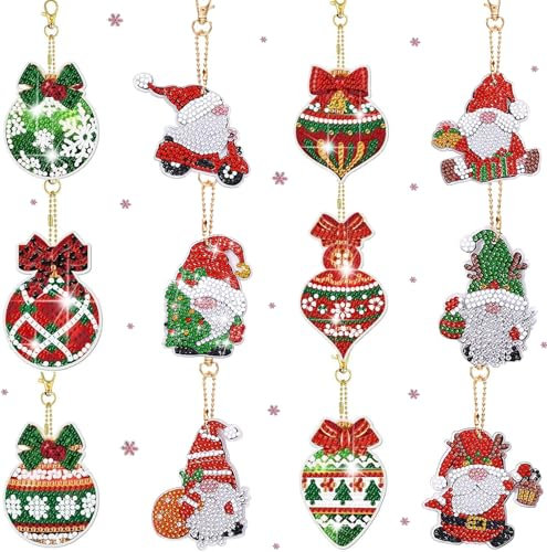 Ljevandria Diamond Painting Weihnachten Schlüsselanhänger 12 Diamond Painting Adventskalender Anhänger 5D Diamant Painting Wichtel Set Weihnachtsbasteln Kinder Weihnachtself Weihnachtskugeln