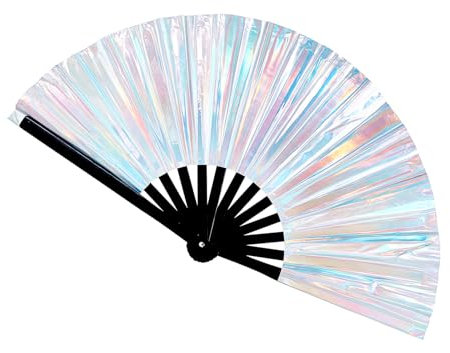 NICENEEDED Folding Hand Laser Rave Fan, Holographic Handheld Fans, Large Folding Glitter Fan Bamboo Folding Clack Hand Fan Iridescent Fan for Night Club Dance Party Performance Rave Accessories
