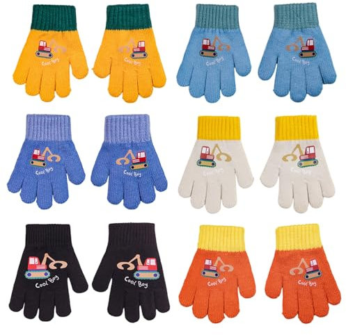 TUONYIS 6 Paar Strickhandschuhe für Kleinkinder, Vollfinger Winter Gestrickte Stretch Handschuhe, Kleinkind Fäustlinge, Kinderhandschuhe Baggermuster für Jungen Mädchen (Mehrfarbig)