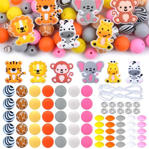 URROMA Set di 76 perline in silicone, a tema animali della giungla, irregolari, distanziatori irregolari, per penne, collane, portachiavi, bracciali, creazioni artigianali