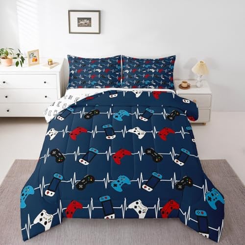 Castle Fairy Red Blue Gamer Full Size Comforter Set,Video Game Gamepad Bedding Set for Adults Teens,Children Controller Comforter Luxury Gaming Quilt Set Room Decor 3Pcs