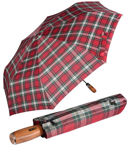 iX-brella - Herrenschirm XXL 121 cm mit echtem Holz-Stabgriff und Auf-Zu-Automatik - check red