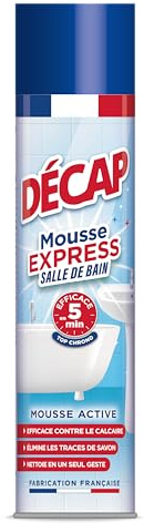 DÉCAP - Mousse express Salle de Bain - Baignoire, Douche, Lavabo, Robinetterie, Carrelage - Action rapide en 5 minutes - Efficace contre le calcaire - Fabriqué en France - Aérosol 600mL