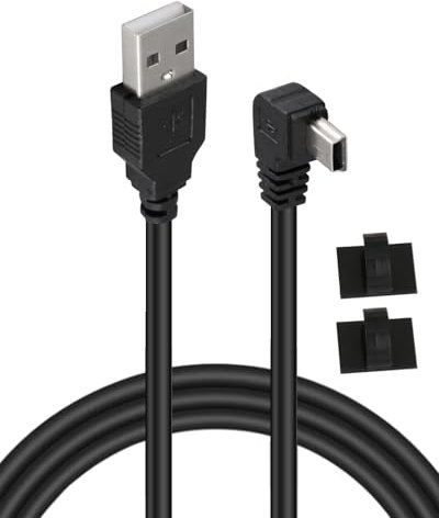 3.5M USB A Male to Mini B Cable, 5V 2A 90 Degree Right Angle Mini 5P Connector Charger With 2Pcs Wiring Clips Cord Data Sync Charge Cord for Dash Cam Driving Recorder Navigator DVR Camera Camcorder