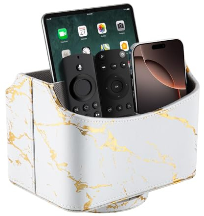 Nymblis Remote Control Holder, 360 Degree Rotatable TV Remote Holder, 5 Compartments Controller for Office Tidy/Pen/Phone/Makeup Brush, PU Leather (White Gold)