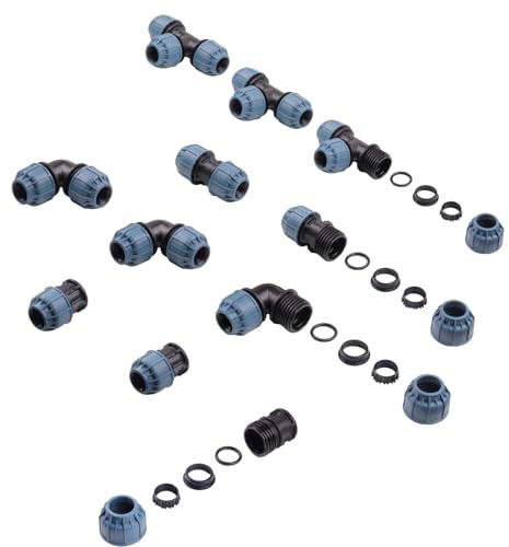 Verdone PE-Rohr Verbinder Set L für 25mm Rohre - 3x T-Stück, 3x Winkel 90°, 2x Gerade Verbinder, 3x Stopfen - Schraubverbinder für Bewässerungssysteme, Gartenanlagen - PN10