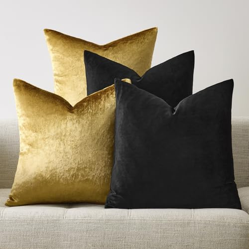 GIGIZAZA Set von 4 Samt-Kissenbezügen 40x40CM Schwarz Gold Wurfkissenbezüge Dekorative Luxus-Kissen Quadratische Kissenbezüge Weiche Kissenbezüge für Wohnzimmer
