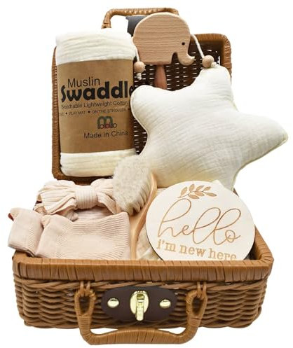 YTACREA 8-Teilige Neugeborenen Geschenk, Baby Geschenk Junge Mädchen, 8 in 1 Babygeschenke Mit Decke, Pferderassel-Spielzeug, Baby-Haarband, Babybürste, Socken, Meilensteinkarte, Souvenir-Box, Beige