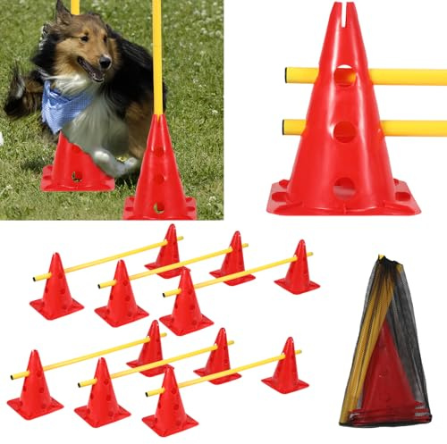 Yugodex Steckhürdenset Hund, 12 Kegel, 6 Stangen Agility Hürden Steckhürden Set, Koordinationstraining für Kinder Hunde Teamsport Fussball, Multifunktionskegel, für Fußball, Hundesport