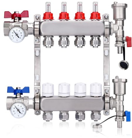 4 Heizkreise | Heizkreisverteiler mit Eurokonus 3/4 (16 x 2 mm) | 1 Kugelhähne | mit Thermometer | Fußbodenheizung mit Manueller Entlüfter, Flussmesser Durchflussmesser | 30 x 1,5 mm | HKV Verteil