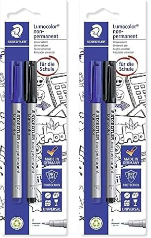 STAEDTLER Folienstift Lumocolor non-permanent, wasserlöslich, F-Spitze mit Linienbreite ca. 0.6 mm, hohe Qualität, blau + schwarz, 2 Marker auf Blisterkarte, 316 ASBK2D (Packung mit 2)