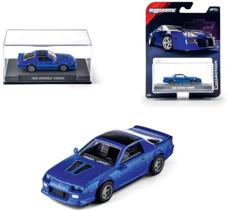 Majorette Collection 1985 Chevrolet Camaro, Blue Metal Car, 1:64 Scale, Rubber Wheels, Transparent Headlights, Display with Screw, Special Collector, 14 Years (8505001004)