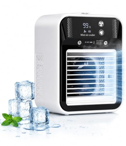 Mini Klimaanlage USB mit 500ml Wasser Tank Nebelnebel für Desktop | 3000mAh Akku, Nebelauslass, Digitalanzeige, Griff, 2 Luftmodi, unter 55dB, ABS-Gehäuse für Schreibtisch.