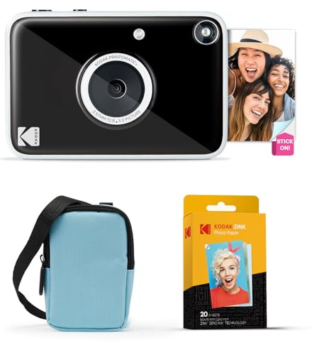 KODAK Printomatic+ Instant Print Digital Camera Starter Bundle + Carrying Case (Blue) + Zink 20pk Sticky-Back Photo Paper - 10MP, Full-Color Photos, GB LED Status Indicator - Black