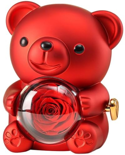 Baokuan Coffret À Bijoux Ours en Rose Éternelle avec Rose Préservée - Cadeau pour Maman, Petite Amie, Femme, Épouse, Saint-Valentin, Fête des Mères, Anniversaire
