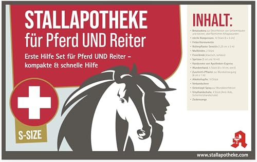 Stallapotheke für Pferd und Reiter - S-Size Stall Apotheke von Apotheken-Express 15 teiliges Set -erste Hilfe für Pferd und Reiter