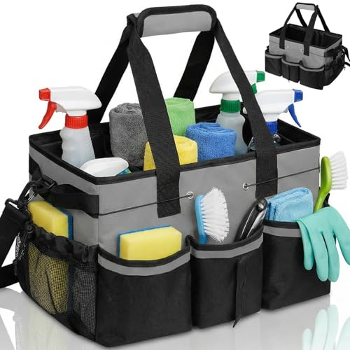 Exquilnova Cleaning Caddy with Handle,Large Tote Bag Organiser with Detachable Divider,Cleaning Bag with Adjustable Shoulder Strap,Cleaning Caddy Bag for Cleaning Supplies,Garden,Car,Home(Grey)
