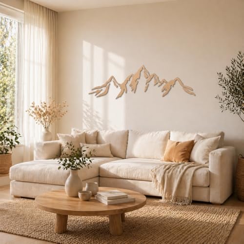 K&L Wall Art Modernes Holzbild Berge Wanddeko modern Berg Wandbild aus Holz Bergmotiv Wanddekoration MDF Natur 120x38cm