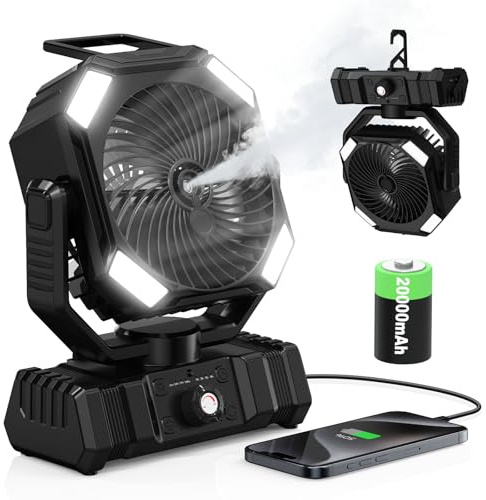 Richday Ventilatore Nebulizzatore Portatile, Ventilatore Camping 20000mAh, Serbatoio 300ml, 2 Nebbie, Telecomando 5m, Timer, LED USB, 270°, 45°/90°, Tenda Ufficio