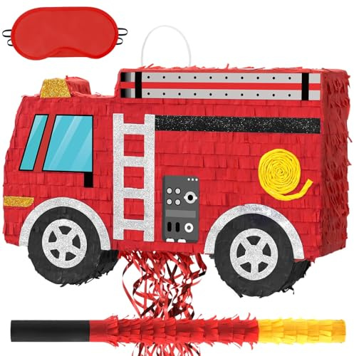 WERNNSAI Feuerwehr Pinata – Rotes Feuerwehrauto Geburtstag Piñata für Party | Feuerwehr Piñata mit Schläger Augenbinde, Event Mottoparty Deko, Hängende Fahrzeug Piñata, Party Zubehör