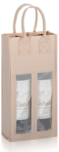 Wine Gift Bag with Window- Felt Double Bottle Gift Bags For Wine | Double Wine Bottle Gift Bag for Wine, Reusable, Wine Carrier Tote Bag for Party Favors, Travel, Wedding, Christmas