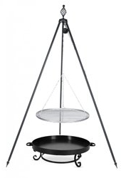 Dreibein Grill OSKAR Höhe 210cm + Grillrost aus Edelstahl Durchmesser 60cm + Feuerschale Pan32 Durchmesser 70cm