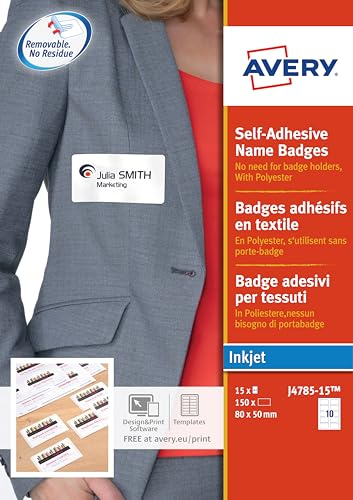 Avery – 150 Namensschilder bedruckbar für Textilien, aus weißem Polyester, Format 80 x 50 mm, Tintenstrahldruck, (J4785-15)