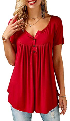 AMORETU T-Shirt Damen V-Ausschnitt Knopfleiste Bluse Solide Tunika Sommer Tops , Kurzarm-rot, XXL/DE 54-56