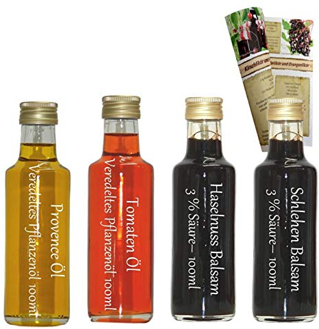Öl/Essig Geschenkset & Probierset | 2 x 100ml Essig + 2 x 100ml Öl | Tomaten Öl - Provence Öl - Haselnuss Balsam - Schlehen Balsam | mit Rezeptbroschüre