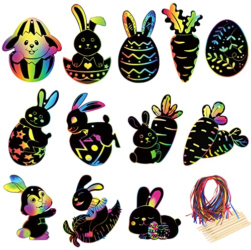 LANMOK 108Stk Ostern Kratzbild Kinder Hase Kratzpapier Basteln Kaninchen Ostereierhasen Scratch Crafts mit Holzstiften Bändern für Ostern Anhänger DIY Dekoration