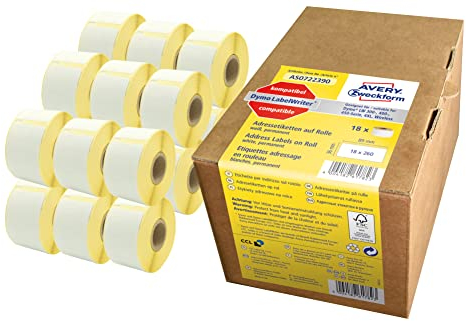 AVERY Zweckform AS0722390 Dymo LabelWriter Adressetiketten kompatibel zu S0722390 (36x89mm, 18 Rollen|4.680 Aufkleber, selbstklebend, für LW Dymo Etikettendrucker/Beschriftungsgerät/Etikettenband)