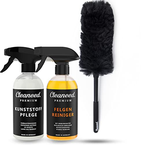 Cleaneed PREMIUM Auto Reifen- und Felgen Waschset [3 Teile] – Alles für die Reinigung und Pflege deiner Alufelgen und Reifen - Felgenreiniger, Felgenbürste und Gummipflege