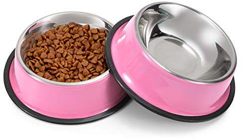 WERFORU 2 Pieces Dog Bowls Stainless Steel Dog Cat Pet Bowls for Feeding Water and Food Pink Small Size