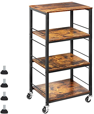 CADUKE Rolling Kitchen Cart Industrial Serving Cart 4 Tier Wood Utility Island on Wheels Rolling Bar Cart with Storage Farmhouse Microwave Table Serving Trolley Stand for Bathroom Living Room, Brown
