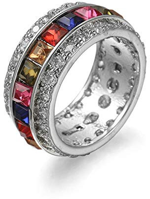 Banemi Frauen Ring Versilbert, Ring Damen Hochzeit Bunt Zirkonia Prinzessinnenschnitt Damen Partyschmuck Größe 52 (16.6)