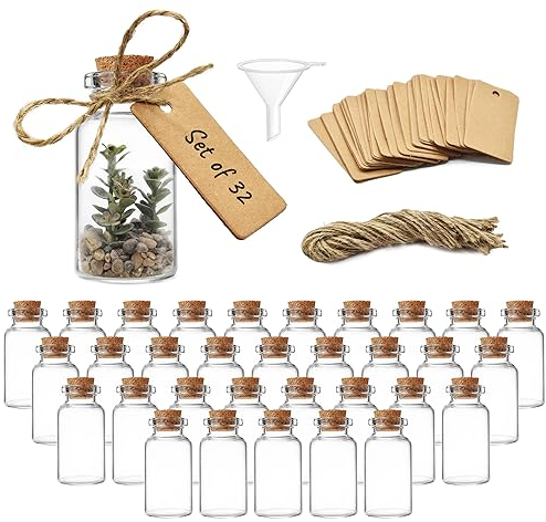 Volila Small Glass Bottle Pack (25ML x 32) - Mini Glass Bottles with Stoppers, Craft Lids for DIY, Weddings, Potion Bottles, Labels & Funnel