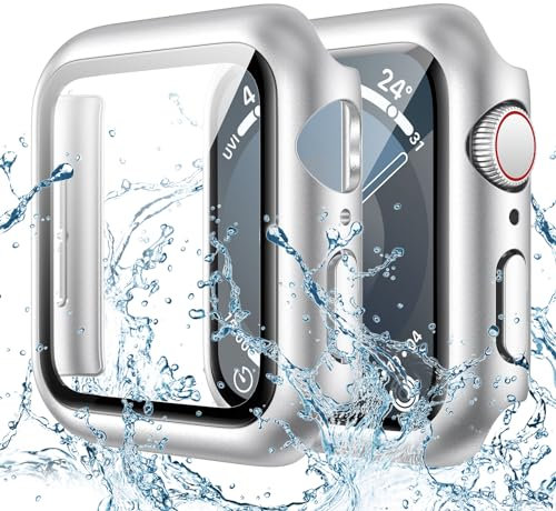 Goton Wasserdichtes Gehäuse kompatibel mit Apple Watch 38 mm Serie 3/2/1 mit Displayschutzfolie aus gehärtetem Glas, Gesichtsabdeckung für Männer und Frauen (38 mm, Silber)