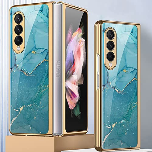 COQUE Galaxy Z Fold 4 5G Hülle,ultradünnes 9H Glas glänzend lackierte Handyhülle,Faltbare Handyhülle für Samsung Galaxy Z Fold 4 5G-Blauer See