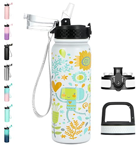 GOPPUS 600ml/20oz Stainless Water Bottle with Straw Double Wall Insulated Bottles with Strap Reusable Vacuum Thermal Flask Leakproof Keep Cold Drinks Bottles with Flip Top Lid for Men Women BPA Free