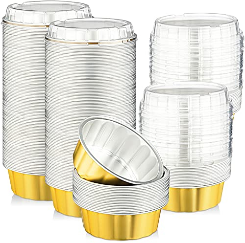 100 Pack Disposable Ramekins with Lids 8 oz Creme Brulee Ramekin Aluminum Foil Cup Cupcake Liner for Baking Disposable Muffin Tin Pan Cheesecake Container for Catering Wedding Party (Yellow, Silver)