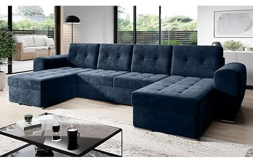 MODERNO Bari Living Room Landscape Sofa with Sleep Function Couch U-Shape Sofa Bed with Bed Box Corner Sofa Bed Modern Living Room Furniture Corner Couch Velour Fabric Quilted Sofa Blue