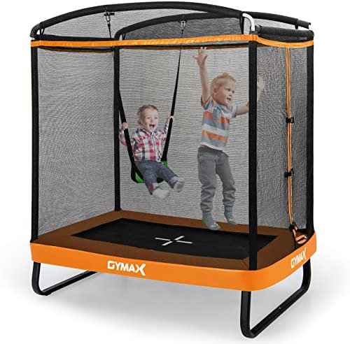 GYMAX 6 FT Kids Trampoline, Rectangle Trampoline with Enclosure Net, Swing and Spring Cover, Indoor Outdoor Combo Bounce Trampoline for Boys & Girls (Orange)