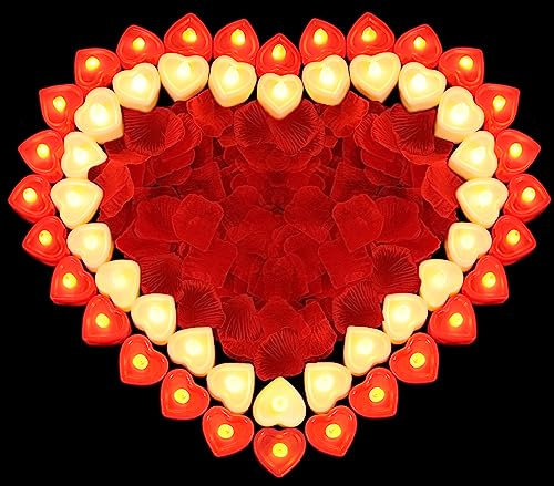 JEFHOMKIT Lot de 3 000 pétales de rose artificiels avec 36 bougies LED en forme de cœur, pétales de rose pour nuit romantique, bougies chauffe-plat LED sans flamme pour décoration de table romantique