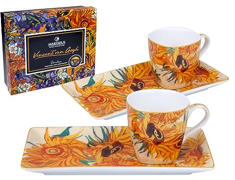 MARSSEUS - Vincent Van Gogh 'Sonnenblumen' Set mit 2 Espressotassen aus Porzellan mit Porzellan-Tablett, 90 ml