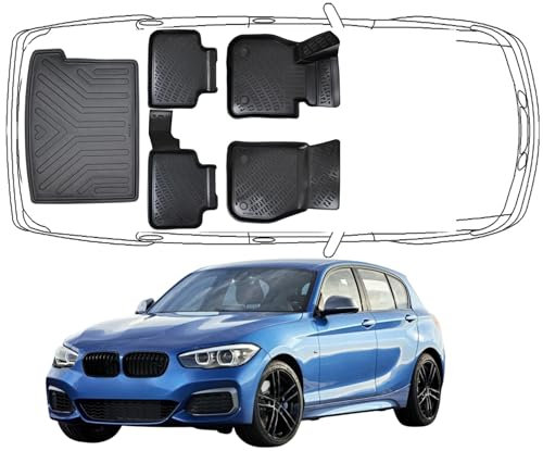 Trimak Passgenau 3D Fussmatten & Kofferraumwanne Auto Set Kompatibel mit BMW 1 F20 2011-2019 Auto Zubehör Gummimatten & Kofferraummatte Autos TPE Allwetter Geruchlos rutschfest Schwarz